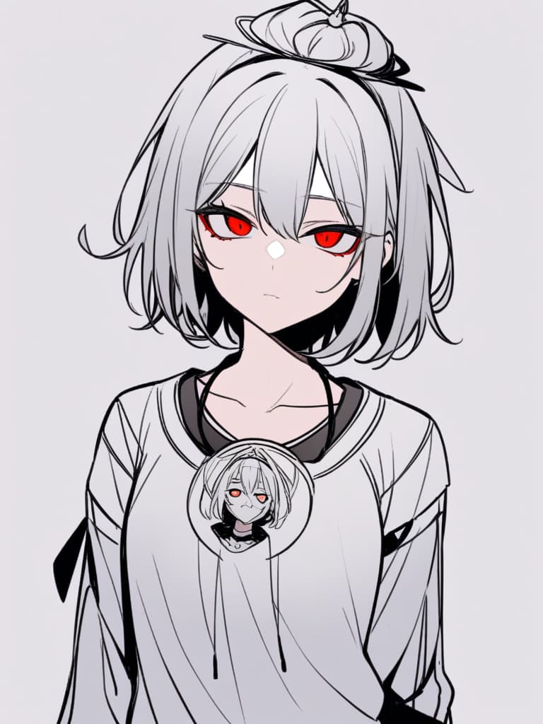  lineart, gray hair, man, short hair, red eyes, throat buddha, black sister clothing, ring on the head,