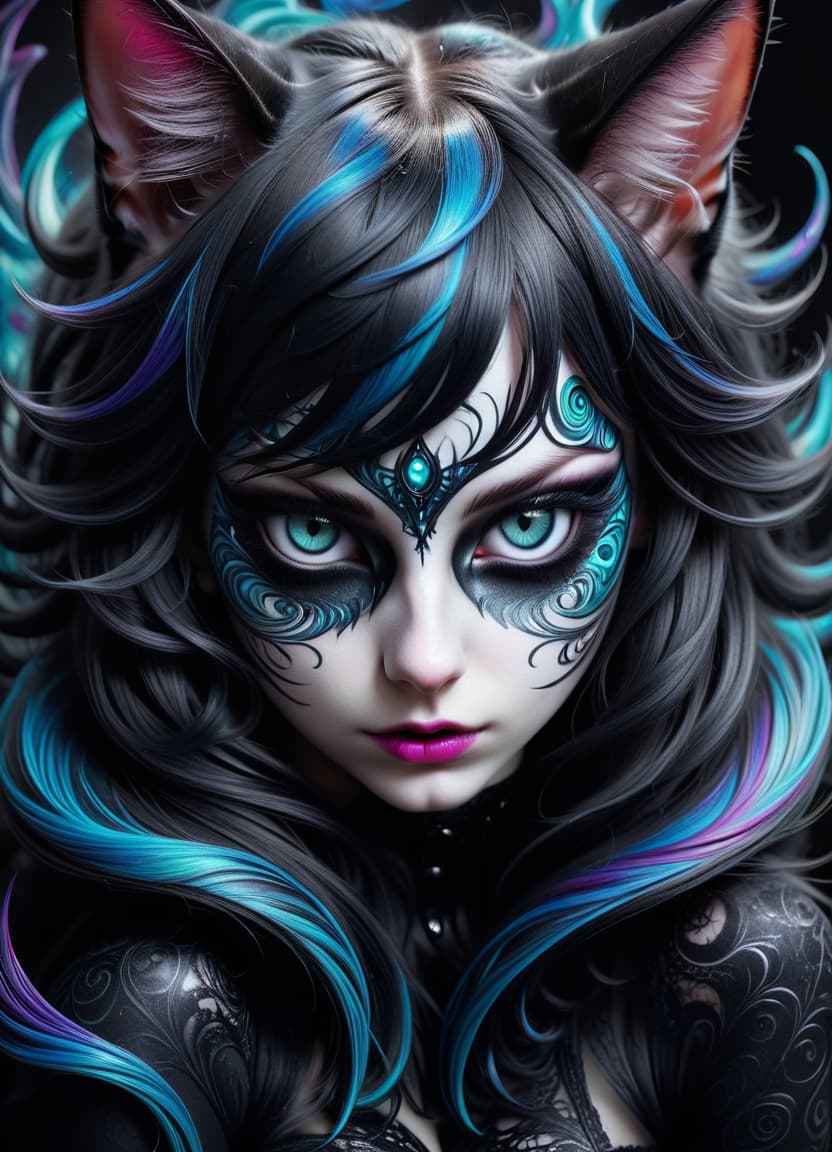  hyperrealistic art bright colors, swirling patterns, abstract shapes, surreal, unusual, dark fantasy, cat girl neko chan, cat eyes, painted with monochrome ink, gothic style, avant garde direction. . extremely high resolution details, photographic, realism pushed to extreme, fine texture, incredibly lifelike, civitai