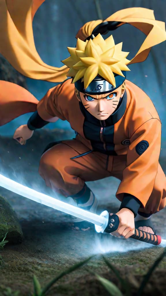  anime art: naruto uzumaki gearing up for an intense battle to become the hokage. hyperrealistic, full body, detailed clothing, highly detailed, cinematic lighting, stunningly beautiful, intricate, sharp focus, f/1. 8, 85mm, (centered image composition), (professionally color graded), ((bright soft diffused light)), volumetric fog, trending on instagram, trending on tumblr, HDR 4K, 8K