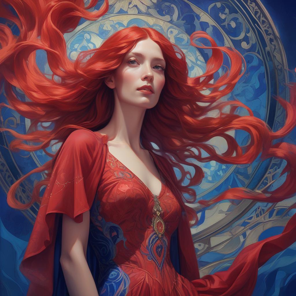  hyperrealistic art mage crimson (painting of a well endowed woman in a striking red dress), vibrant, flowing red hair, red cape draping elegantly, (deep blue psychedelic background), surreal forms and patterns intertwining, created in the style of alphonse mucha, rich color saturation, ethereal and dreamlike atmosphere, (intricate textures), visually captivating, 4k quality, poster art aesthetic. . extremely high resolution details, photographic, realism pushed to extreme, fine texture, incredibly lifelike