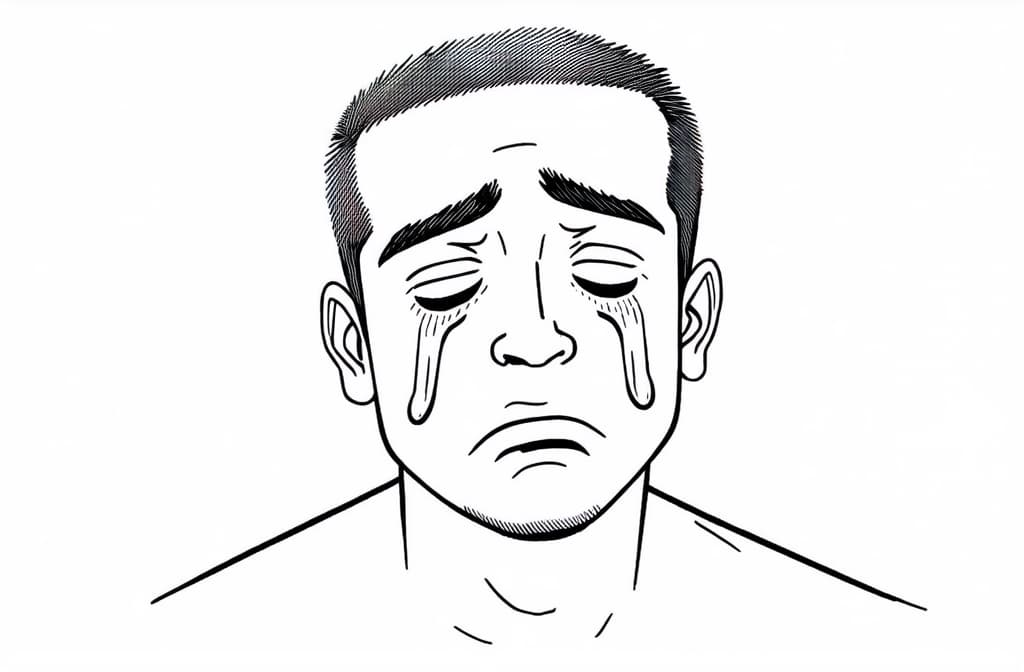  contour, very simple image in one unbroken black ink line, single line of young sad man crying with tears streaming down his cheeks. emotional breakdown, closed eyes and closed mouth ar 3:2 using a single continuous black line ink brushon white background, drawing should be created without lifting the pen, recognizable features of young sad man crying with tears streaming down his cheeks. emotional breakdown, closed eyes and closed mouth ar 3:2 in one unbroken line