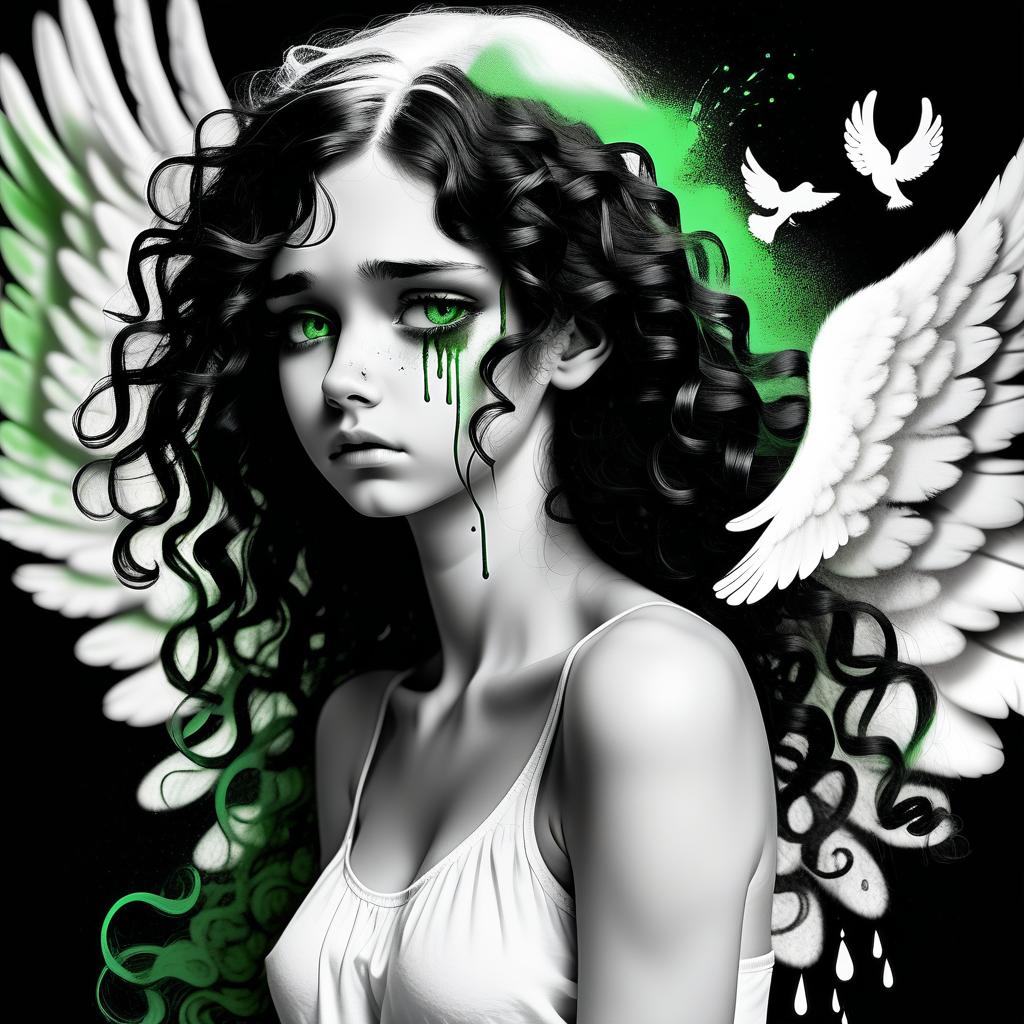  1) a very sad angel in tears, 2) one wing white, the other black, open (3) curly black and white hair, the right half of the hair on the head is white, the left half of the hair on the head is black. 4) angel takes off (5) black and white art 6) green eyes remaining black and white (7) in wounds