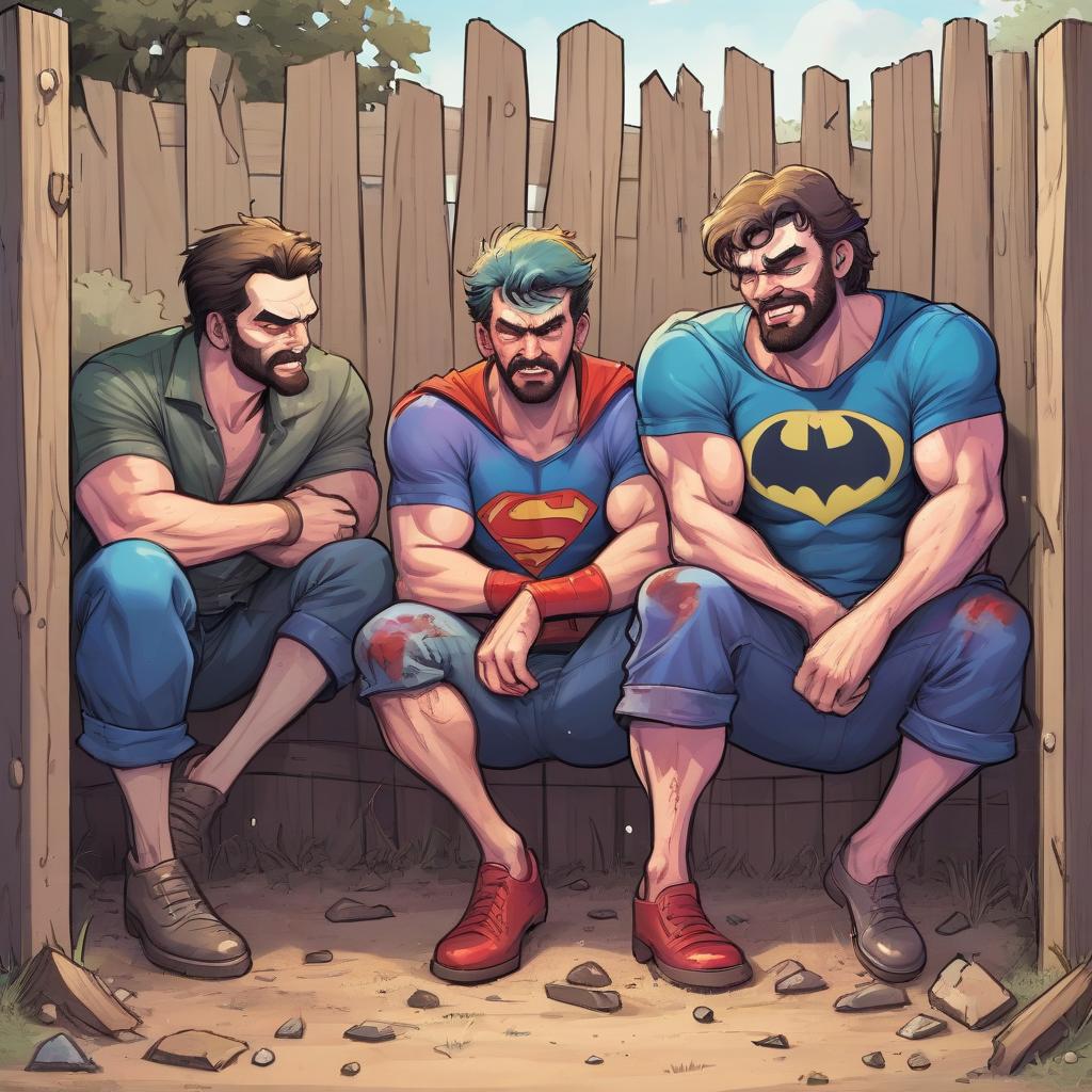  draw a colorful comic book, near a wooden fence on the ground lie three drunken men in torn clothes.