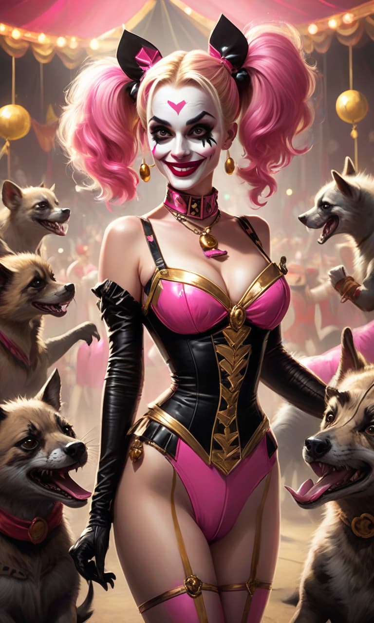  concept art pink, gold, black, white at the margot robbins circus behind the balls margot robbins to the waist in the image of harley quinn in a jester costume two hyena . digital artwork, illustrative, painterly, matte painting, highly detailed, perfect hands