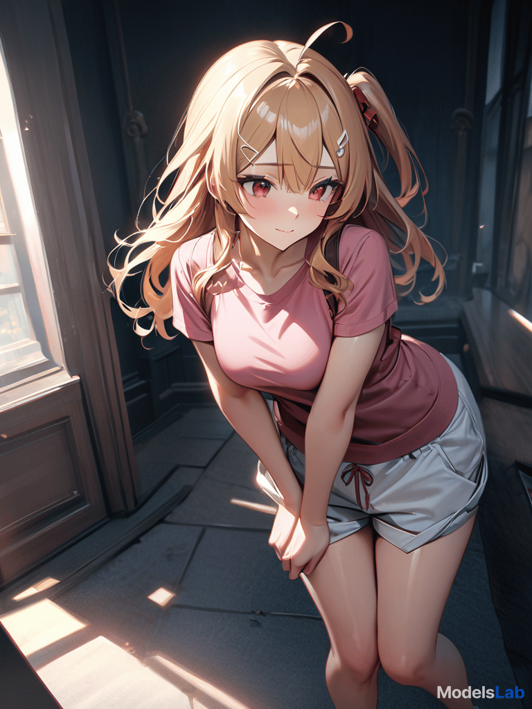  (masterpiece, best quality), 1girl, 1, otonose kanade, slight smile, shy, closed mouth, blonde hair, red eyes, looking down, musical note hair ornament, long hair, ahoge, small side ponytail, bangs, pink camisole, white shorts, flat , shirt lift, s, shorts pull, , , simple background, girl's room hyperrealistic, full body, detailed clothing, highly detailed, cinematic lighting, stunningly beautiful, intricate, sharp focus, f/1. 8, 85mm, (centered image composition), (professionally color graded), ((bright soft diffused light)), volumetric fog, trending on instagram, trending on tumblr, HDR 4K, 8K