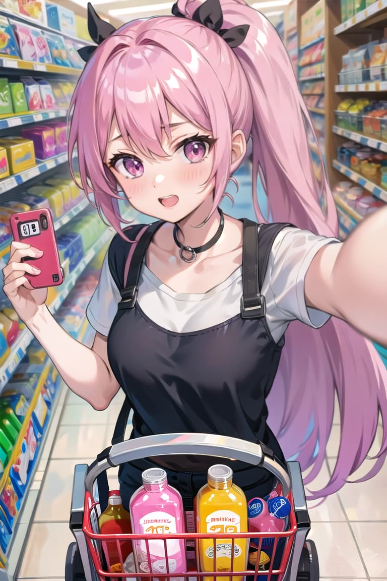  r 18, , middle , ,random situation, pink haired ,ponytail,large eyes,selfie in shopping