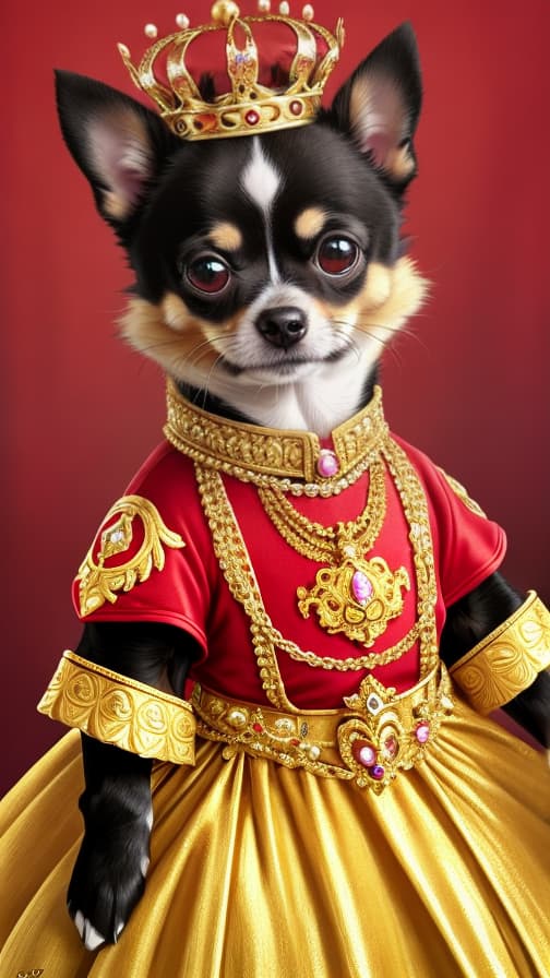  "A tiny Chihuahua wearing an oversized, ornate golden crown that looks too big for its small body, giving it a regal and luxurious appearance, as a t-shirt design."