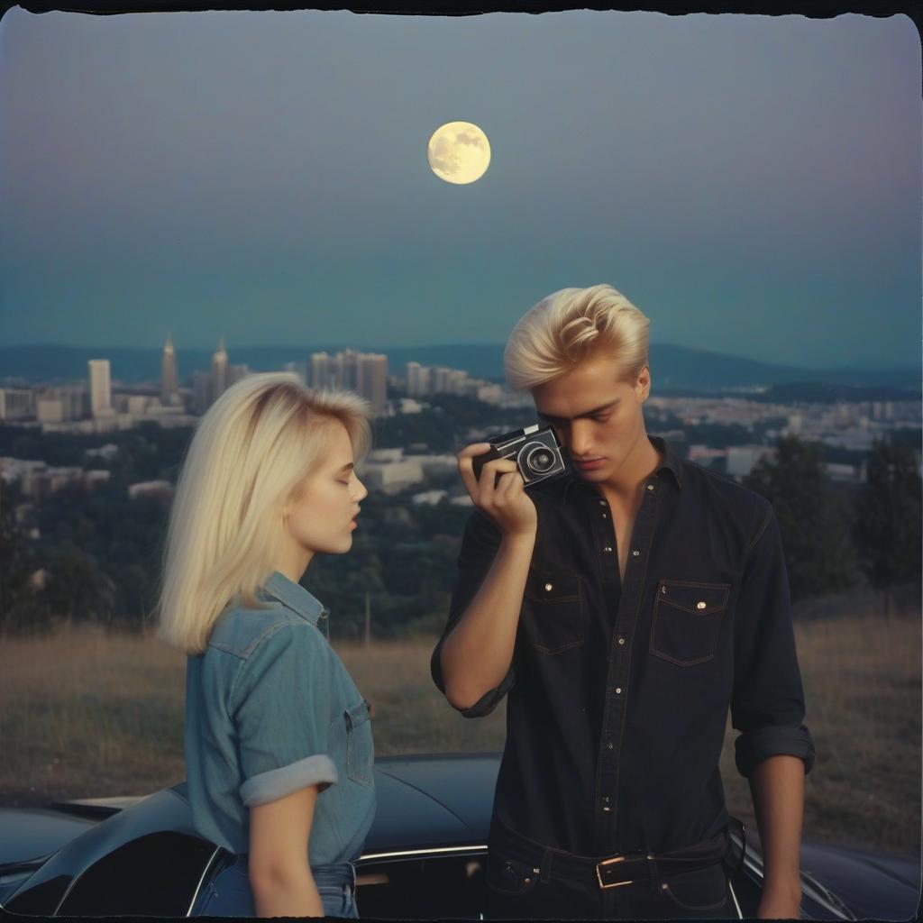  analog film photo a platinum blonde girl takes pictures on a polaroid in a black shirt, next to a guy there is a blonde in a denim shirt, a black car, a view from the hill, in the background the city, the time of dusk, a full light moon, the style of the 80 90s. . faded film, desaturated, 35mm photo, grainy, vignette, vintage, kodachrome, lomography, stained, highly detailed, found footage