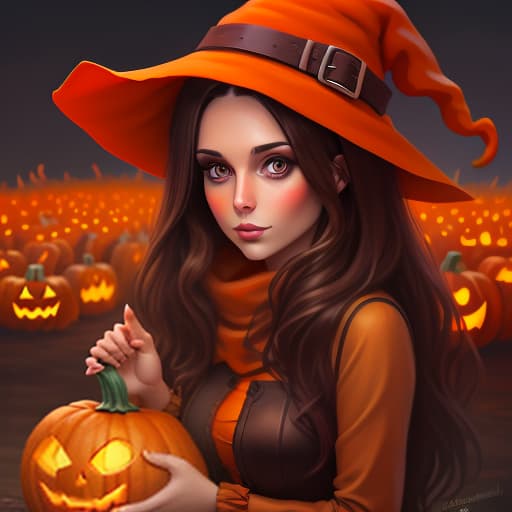  beautiful brunette in the form of pumpkin for halloween, autumn atmosphere, holiday, digital painting