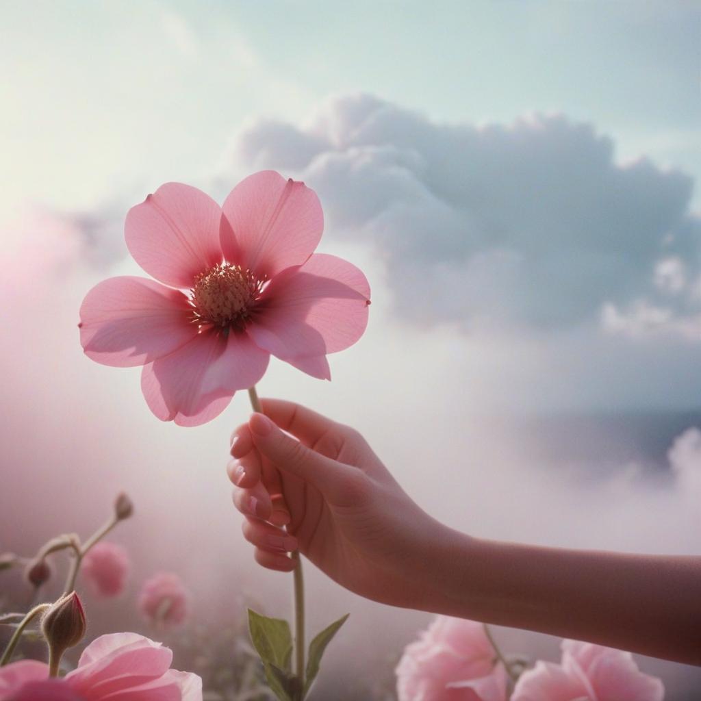  analog film photo the girl’s hand touches a pink flower, pink and white shades, light fog, clouds in the background, a room in pastel shades. . faded film, desaturated, 35mm photo, grainy, vignette, vintage, kodachrome, lomography, stained, highly detailed, found footage