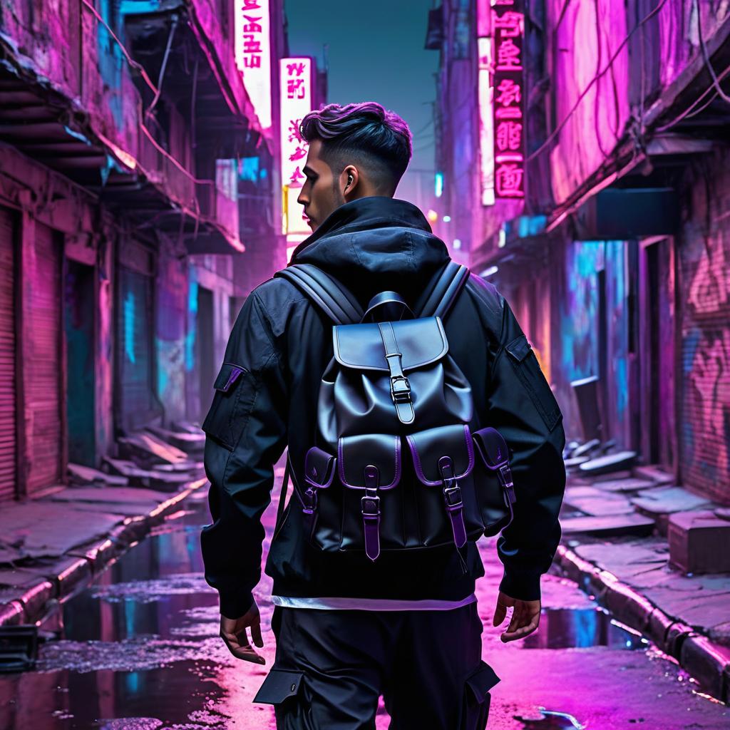  cyberpunk style a man dressed in black cargo pants and wearing black tactical backpack wandering the streets of an abandoned city. cyberpunk, vaporwave, neon, vibes, vibrant, stunningly beautiful, crisp, detailed, sleek, ultramodern, magenta highlights, dark purple shadows, high contrast, cinematic, ultra detailed, intricate, professional