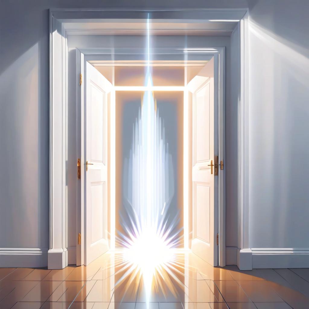  a dazzling white light, in the middle of the door, open, and out of it a dazzling white light