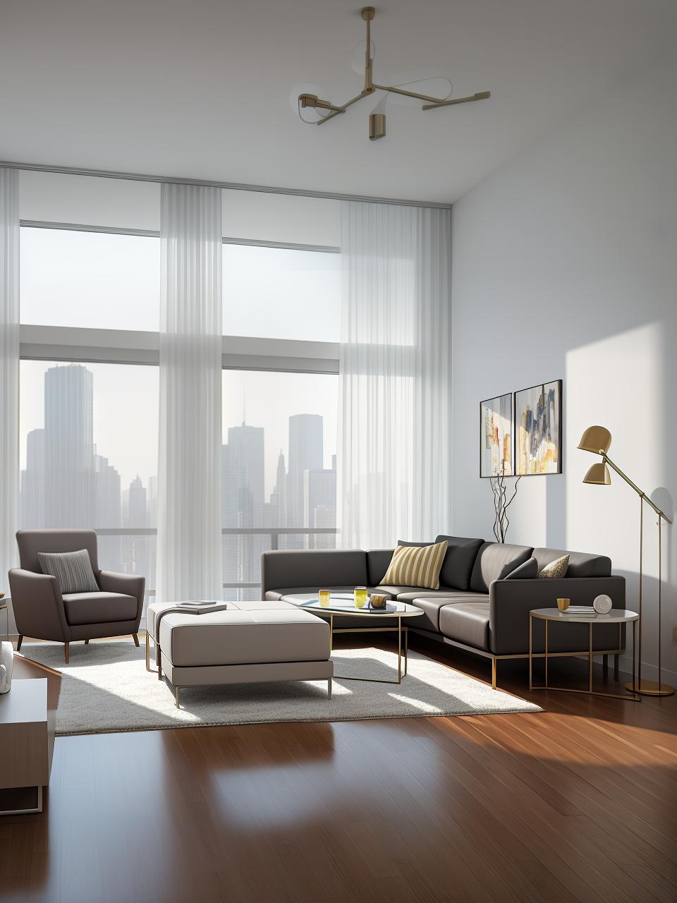  masterpiece, best quality, best quality, masterpiece, 8k resolution,high resolution concept art of an apartment living room with floor to ceiling windows and modern furniture