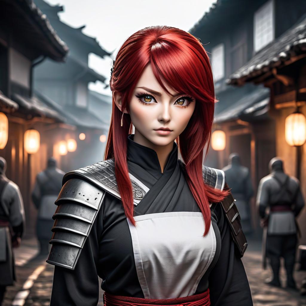  monochrome ninja girl from the village of konoch. she's got red hair. the gray eye. she has a catan hanging behind her back. dressed in anbu uniform . black and white, contrast, tone, texture, detailed hyperrealistic, full body, detailed clothing, highly detailed, cinematic lighting, stunningly beautiful, intricate, sharp focus, f/1. 8, 85mm, (centered image composition), (professionally color graded), ((bright soft diffused light)), volumetric fog, trending on instagram, trending on tumblr, HDR 4K, 8K