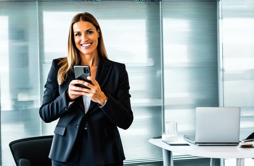  professional detailed photography, portrait of smiling businesswoman standing in open plan office. holding phone. minimalism style. happy female professional executive manager, financial banking or marketing data. ar 3:2, (muted colors, dim colors, soothing tones), (vsco:0.3)