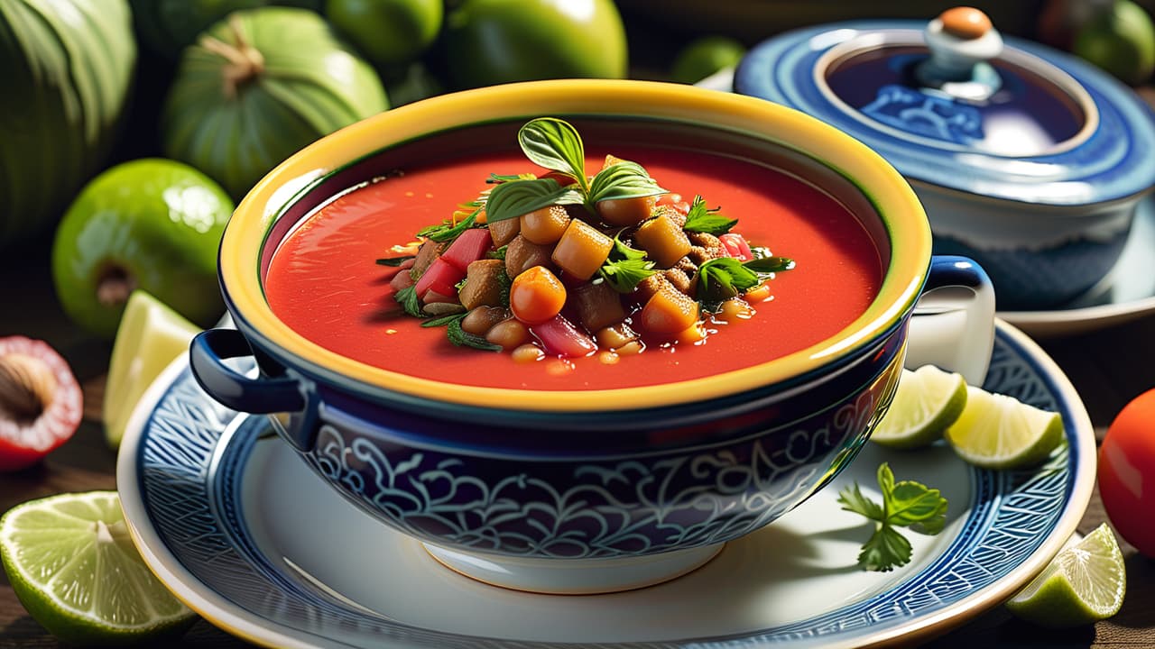  @ image prompt: a vibrant display of traditional spanish dishes that showcase the fusion of african and spanish flavors, including gazpacho, tagine, and tarta de santiago. the setting captures the essence of mediterranean dining, highlighting fresh ingredients and colorful presentations, with a backdrop of andalusian landscapes. hyperrealistic, full body, detailed clothing, highly detailed, cinematic lighting, stunningly beautiful, intricate, sharp focus, f/1. 8, 85mm, (centered image composition), (professionally color graded), ((bright soft diffused light)), volumetric fog, trending on instagram, trending on tumblr, HDR 4K, 8K