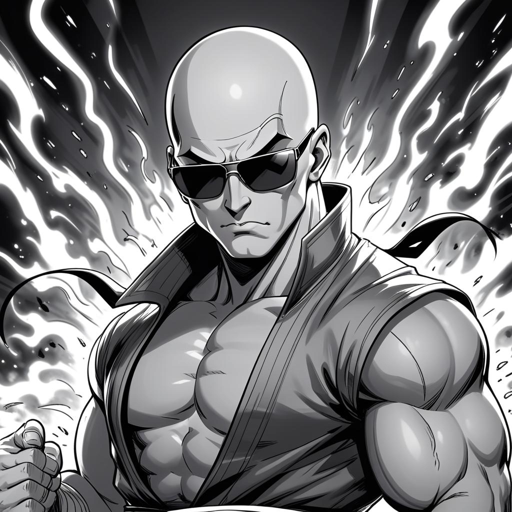  manga artwork a male bald monk,he has johnny cage appearance,make him serious with some menacing aura around him,draw him manga style black and white during a impact frame,he wears sun glasses impact frames. manga artist. manga, highly emotional. best quality, high resolution