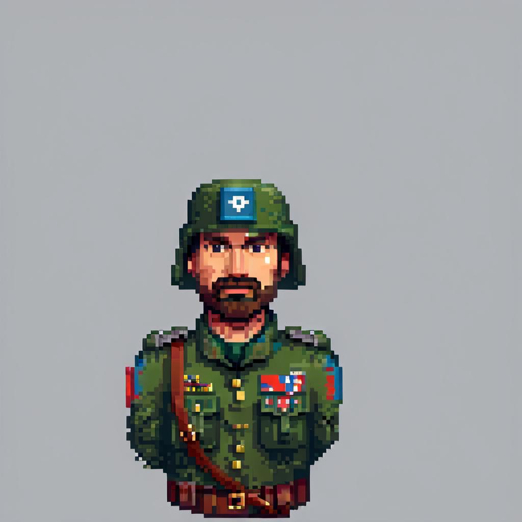  pixel art russian soldier pixel icon in game . low res, blocky, pixel art style, 8 bit graphics hyperrealistic, full body, detailed clothing, highly detailed, cinematic lighting, stunningly beautiful, intricate, sharp focus, f/1. 8, 85mm, (centered image composition), (professionally color graded), ((bright soft diffused light)), volumetric fog, trending on instagram, trending on tumblr, HDR 4K, 8K