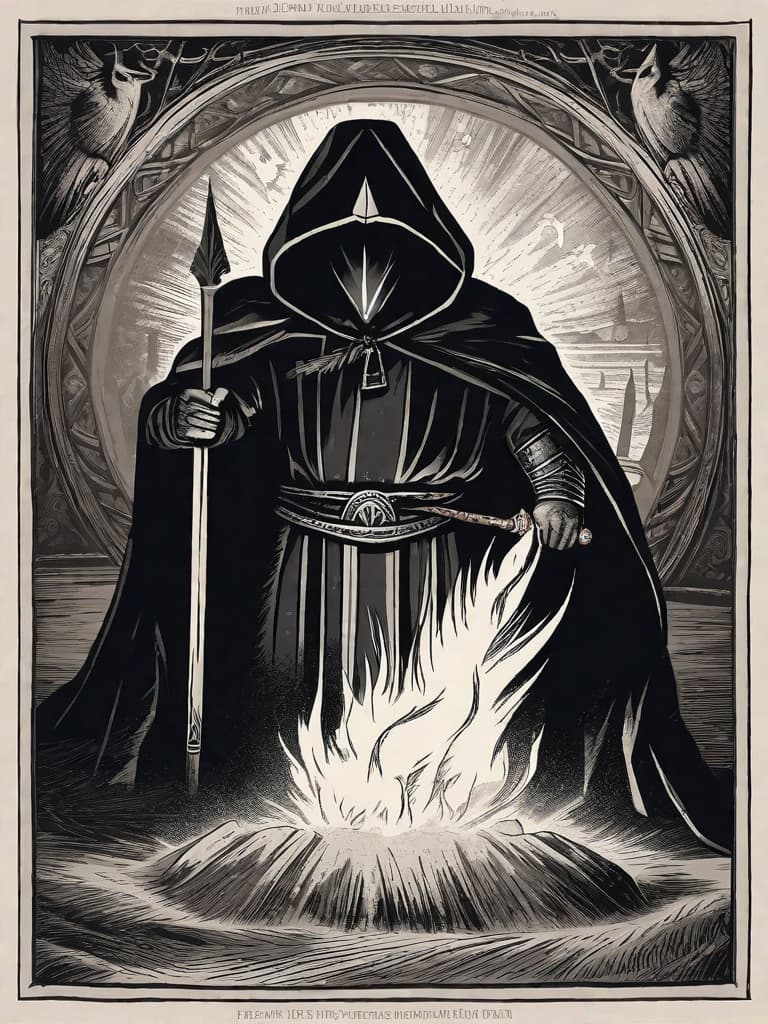  Pagan warlock, facing viewer, wearing a hooded cloak, his face hardened, eyes cold, a scar runs down the left side of his face; standing at an alter, conjuring a fire elemental from within Stonehenge during a thunder and lightning storm