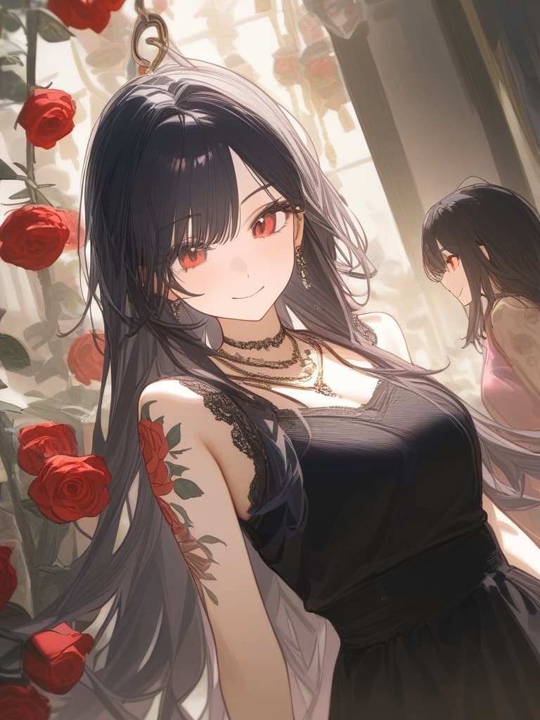  long hair, black hair, hair tips are pink, red eyes, hanging, bangs, and length of bangs, smiles, adults, adult faces, piercings, necklaces, black lace clothes, red rose tattou on arms in contained, thin makeup, rose tattoo on the arm, pink and black hair, masterpiece, best quality,8k,ultra detailed,high resolution,an extremely delicate and beautiful,hyper detail