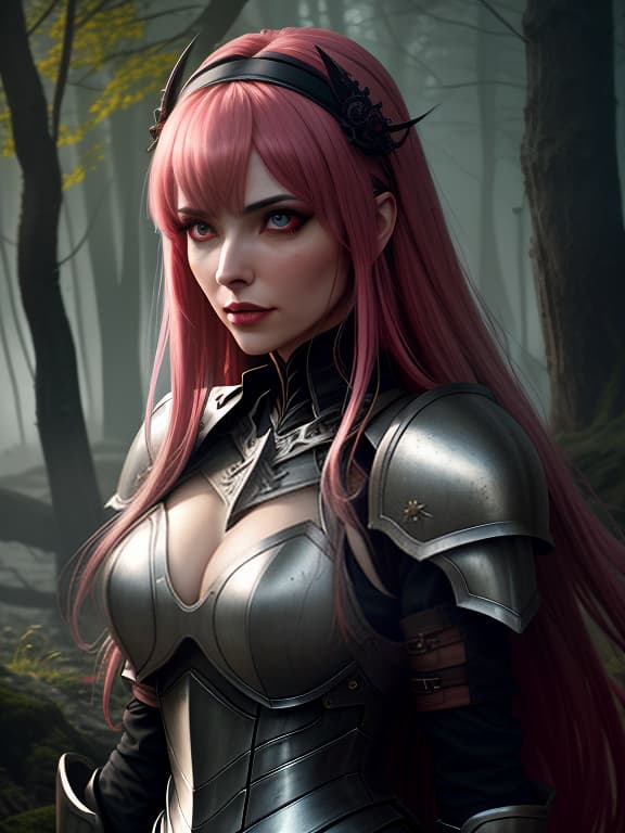  is fe, 1 young , alone, looking at viewer, blush, bangs, gloves, upper body, long hair, hairband, outdoors, parted lips, sky, day, above the handle, pink eyes, armor, tree, covered , blurred background, hand on , shoulder armor, hair on side, plate, red armor, gothic style, dark , creepy , blood , monsters , by jason engle , carlos huante , charlie bowater , simon lee , brom hyperrealistic, full body, detailed clothing, highly detailed, cinematic lighting, stunningly beautiful, intricate, sharp focus, f/1. 8, 85mm, (centered image composition), (professionally color graded), ((bright soft diffused light)), volumetric fog, trending on instagram, trending on tumblr, HDR 4K, 8K