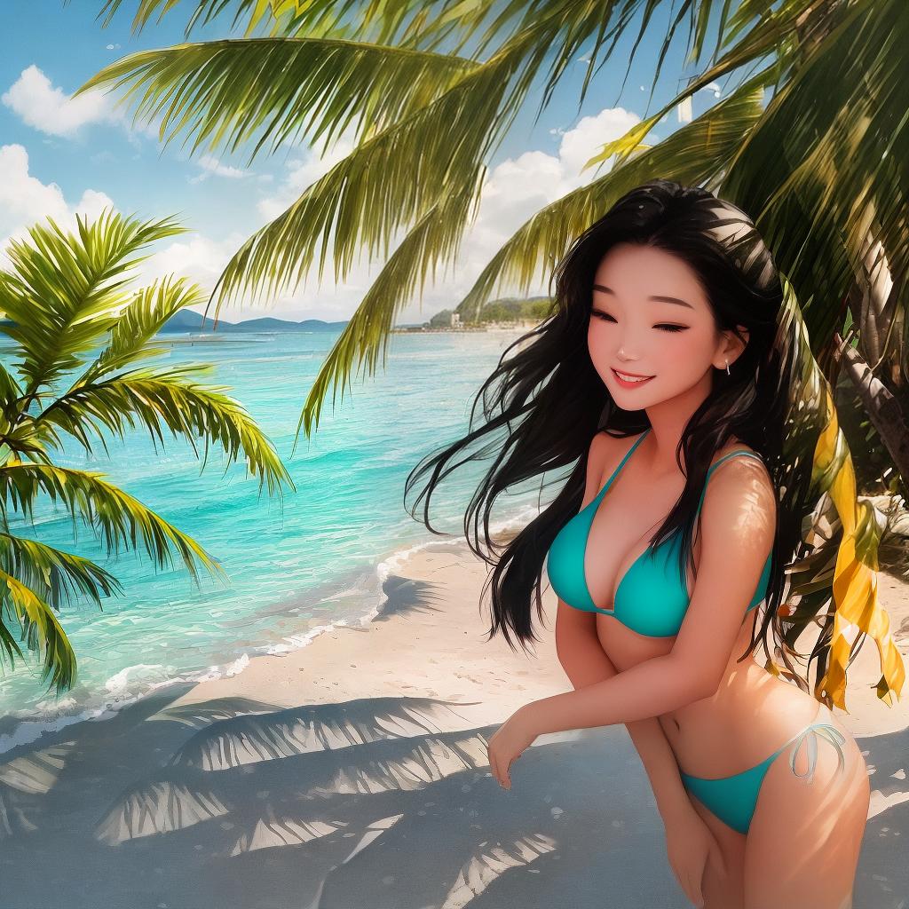 masterpiece, best quality, A beautiful Filipina woman with long black hair, wearing a vibrant bikini, stands confidently on the sandy shore of a tropical beach. The crystal-clear turquoise waters and lush green palm trees create a stunning backdrop for her, enhancing her natural beauty. The warm sunlight casts a soft glow on her skin, highlighting her features and giving her a radiant appearance. The overall mood is one of relaxation and joy, as she poses with a warm smile, exuding confidence and happiness. This scene is captured in a bright, natural light, with a focus on showcasing the woman's beauty and the picturesque beach setting. (Photography, natural light, high-resolution camera with a focus on capturing details)