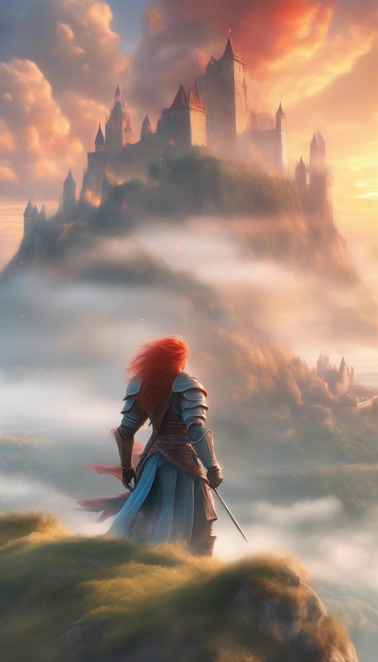  hyperrealistic art the illustration is made in the style of digital watercolor. in the foreground is a young warrior standing on top of a green hill at sunset. she is wearing light blue leather armor, and her long red hair is blowing in the wind. the expression on his face is serious and focused. the magical symbols floating in the air around her emit a warm light. an ancient castle surrounded by fog is visible in the background. the sky is filled with the bright colors of sunset . extremely high resolution details, photographic, realism pushed to extreme, fine texture, incredibly lifelike