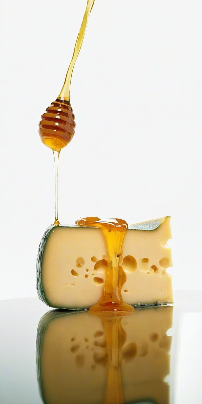  food photography style cheese is watered with honey, there is a reflection from cheese, white background . appetizing, professional, culinary, high resolution, commercial, highly detailed, film photography style