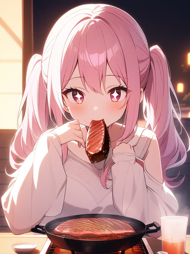  ((yakiniku, eating yakiniku,sparkling eyes,cute,stuffing meat into her mouth)),((pink hair,twin tails,pink eyes,,yakiniku))、ultra detailed,best shadow,cute and beautiful face,(masterpiece:1.2),(best quality:1.2),detailed background,high contrast,(best illumination,an extremely delicate and beautiful),((cinematic light)),hyper detail,dramatic light,intricate details,8k,anime,very aesthetic