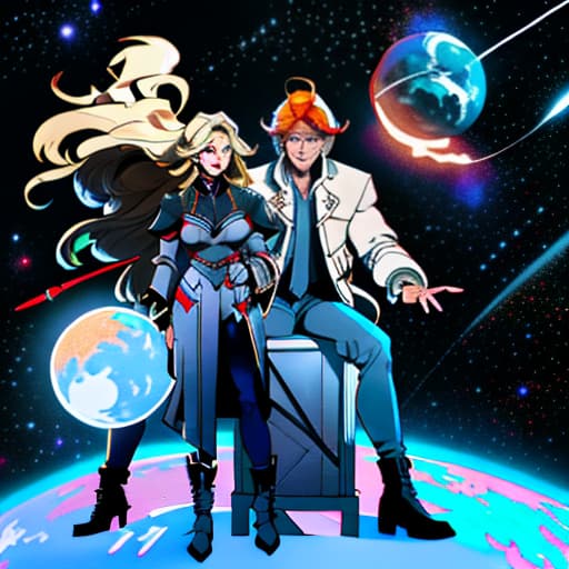  Two young men mirror each other, one with black long hair, the other with long light hair, against the backdrop of space. The blonde holds a sphere, the brunette looks at space., character sheet, concept design, contrast, style by kim jung gi, zabrocki, karlkka, jayison devadas, trending on artstation, 8k, ultra wide angle, pincushion lens effect hyperrealistic, full body, detailed clothing, highly detailed, cinematic lighting, stunningly beautiful, intricate, sharp focus, f/1. 8, 85mm, (centered image composition), (professionally color graded), ((bright soft diffused light)), volumetric fog, trending on instagram, trending on tumblr, HDR 4K, 8K