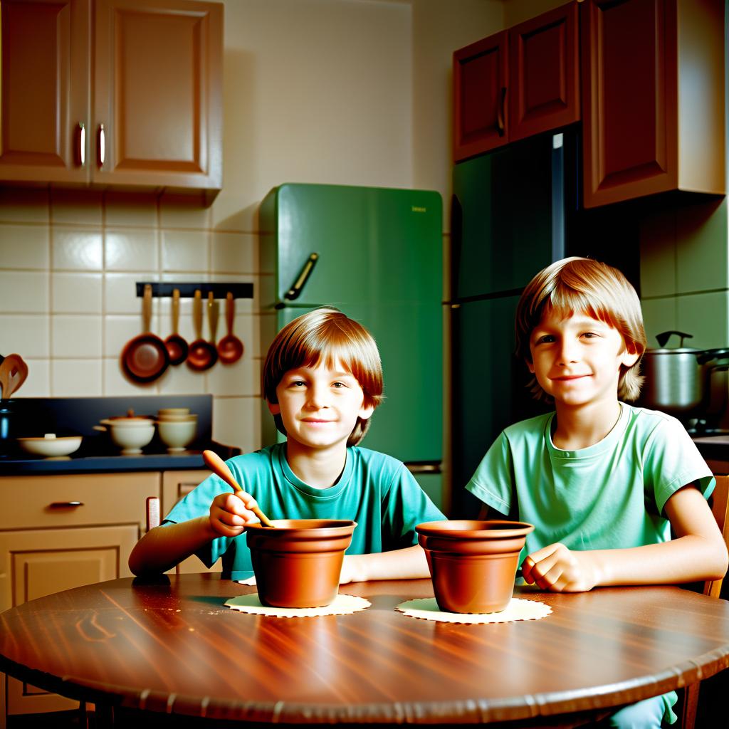  realistic photo. boy and girl. rite. pot. kitchen table., film photography style