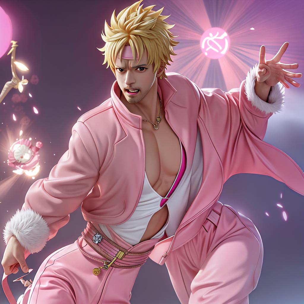  create the character of the anime "quixote doflamingo" from the anime "one piece", a very pumped up man with short blond hair, dressed in a pink fur coat, pink trousers and pink glasses, let the character stand alone against the background of a spaceship hyperrealistic, full body, detailed clothing, highly detailed, cinematic lighting, stunningly beautiful, intricate, sharp focus, f/1. 8, 85mm, (centered image composition), (professionally color graded), ((bright soft diffused light)), volumetric fog, trending on instagram, trending on tumblr, HDR 4K, 8K