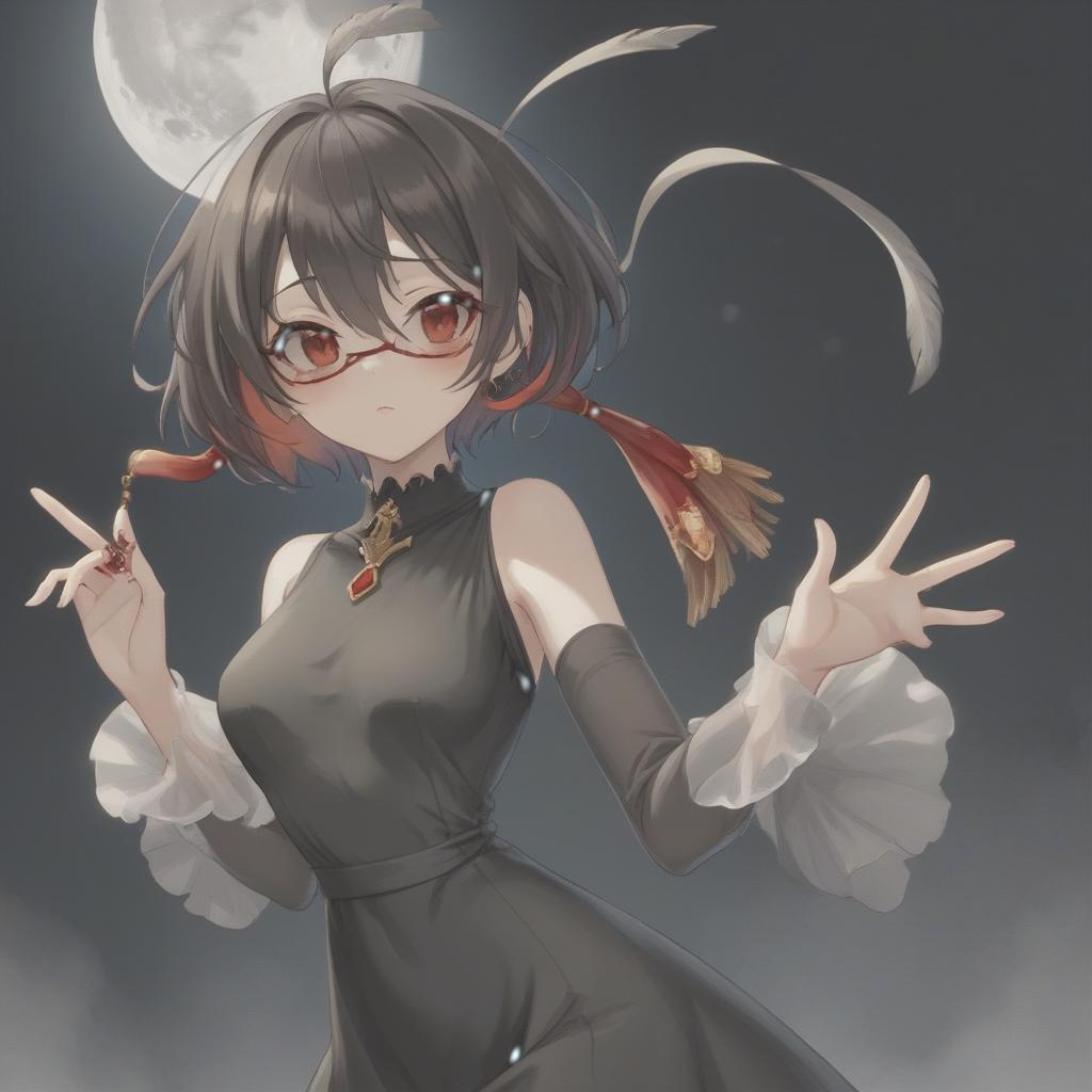  a of medium height, dark short hair, the right eye is green, and the left one is brown blue, dressed in a black dress with red shades, just below the , with a short plume slightly missing to heels, scarlet skin color, four fingers on her hands, a formidable look. holds a huge id, taller than itself and with the same long blade, a thin white thread is wound on the handle, a dark room, moonlight comes from the ceiling