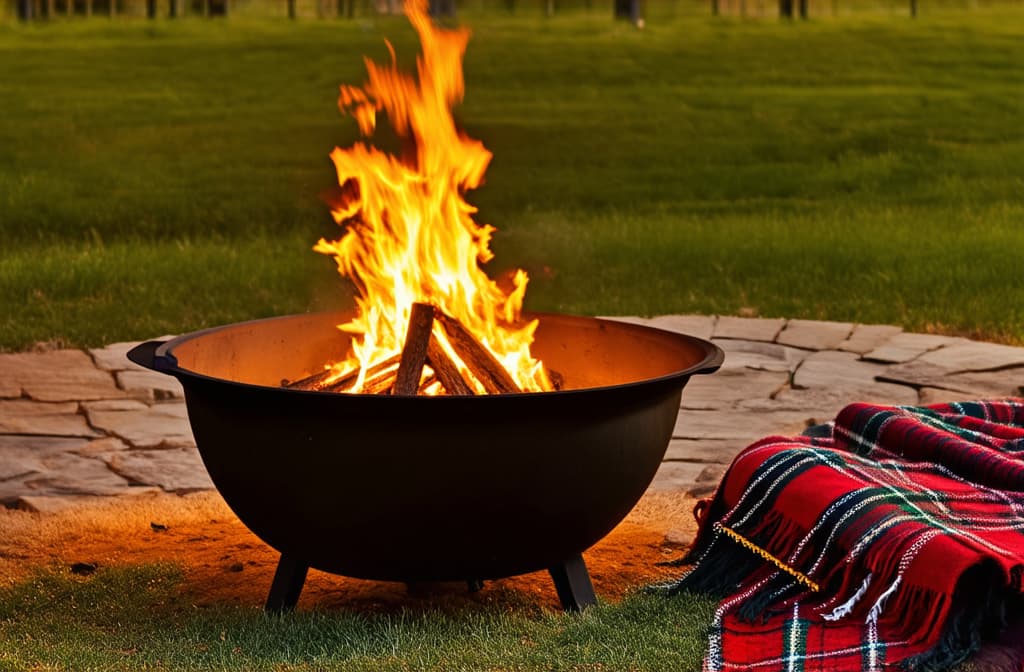  professional detailed photography, a cozy outdoor setting with a warm fire pit and a plaid blanket next to it. warm fire pit for a relaxing fall feel. ar 3:2, (muted colors, dim colors, soothing tones), (vsco:0.3)