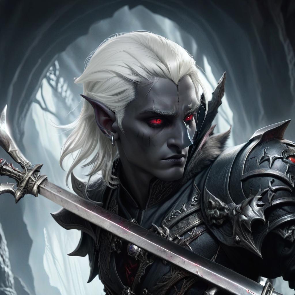  macabre style drow male elf cleric, graphite color skin, red eyes, silver medium haircut, white eyelashes, white brows, black leather jacket, dark cave temple . dark, gothic, grim, haunting, highly detailed, civitai