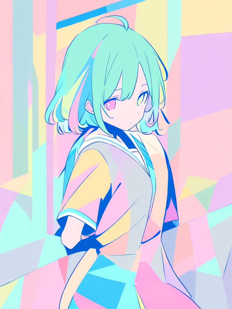  green haired schoolgirl with colorful (((high school uniform))) (grunge splats) (((pastel colors:1.5))) flat color