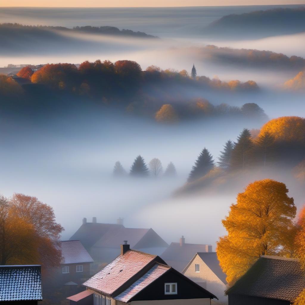  Village life in autumn: houses with smoke from chimneys, trees with red-yellow crowns, white fog over the village, one star is visible above the fog at dusk