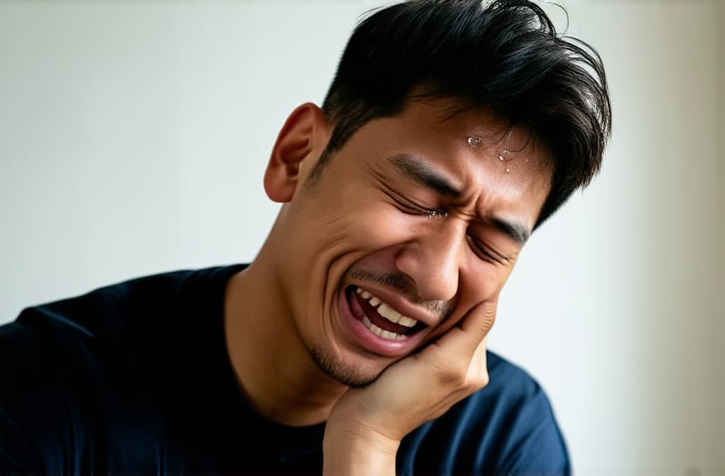  young sad asian man crying with tears streaming down his cheeks. emotional breakdown, closed eyes and closed mouth ar 3:2, (natural skin texture), highly detailed face, depth of field, hyperrealism, soft light, muted colors