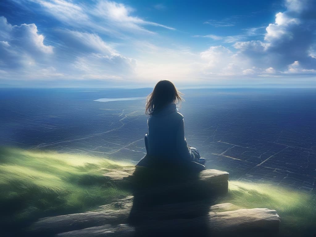  lonely, sky, girl, sitting, scenery,