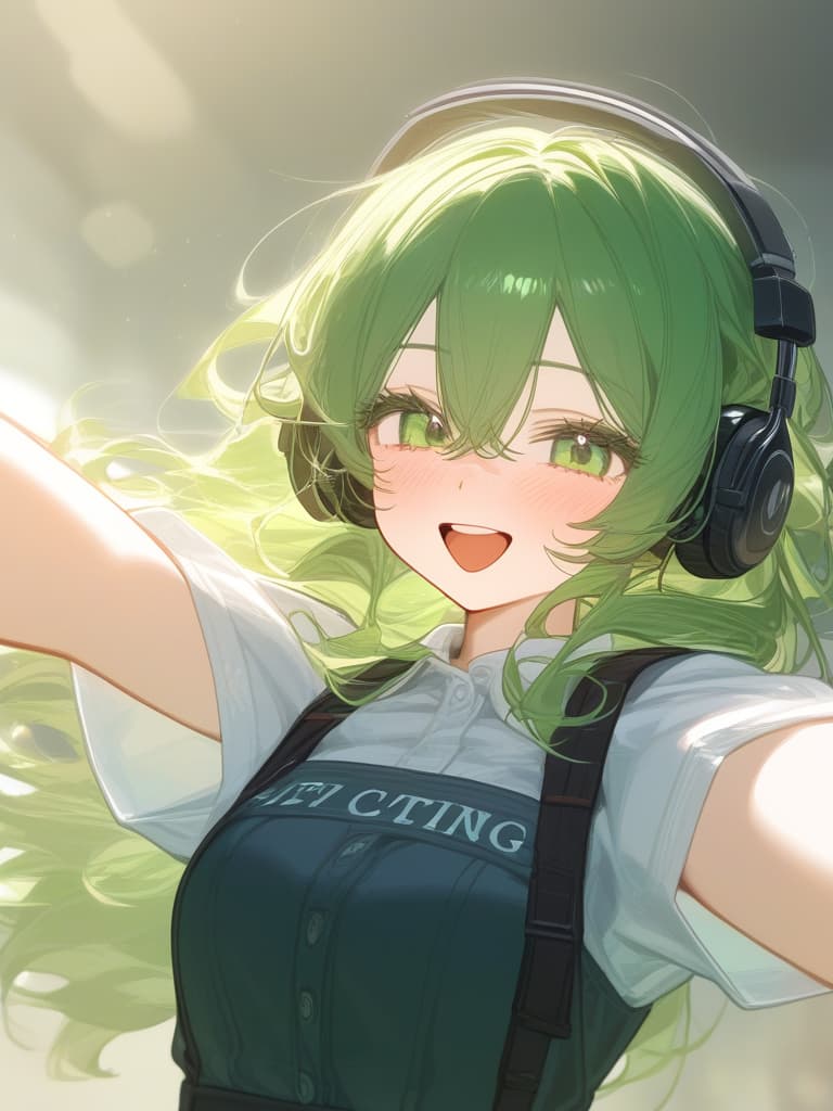  hagakure tohru bangs black clothes black blue clothing collared shirt dress shirt gloves hair between eyes long sleeves mini pleated uniform shirt shirt tucked in short sleeves rolled up sleeves uniform white shirt blush s age eyelashes woman (((with open arms:1.3))) (((i'm feeling excited))) (((headphones:1.3))) green eyes green hair big s medium length hair messy hair short hair teeth upper teeth upper teeth only smirk open mouth open mouth smile one arm outstretched smiling v sign looking at camera one woman alone english language english text text colored eyelashes curly hair ai created