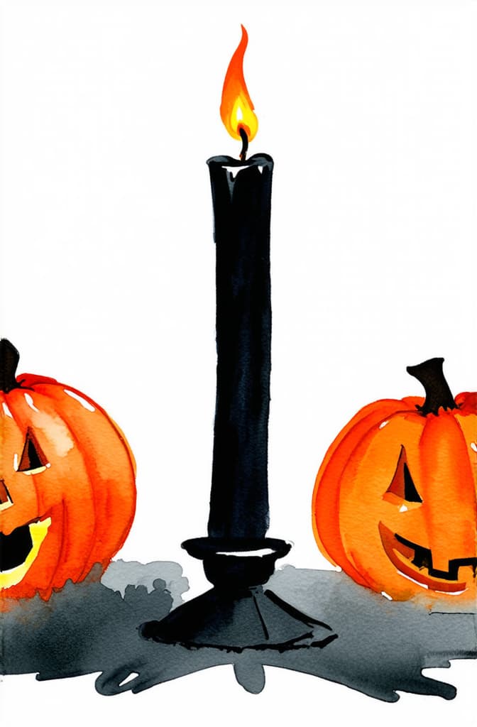  artwork hand drawn watercolor halloween candlestick with black burning candle isolated on white background ar 2:3, watercolor techniques, featuring fluid colors, subtle gradients, transparency associated with watercolor art