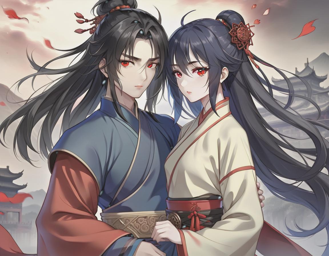  breathtaking realistic photo, two people, a character from the novel “system save yourself for the main hero”, lo binghe, a young man. long black hair to the waist, red eyes, demonic mark on the forehead, next to him is a girl blonde, blonde hair to the shoulder blades, european face type, light skin, blue eyes, plump lips, a small tummy at the bottom of the waist, full height love. ancient china . award winning, professional, highly detailed, hkmagic