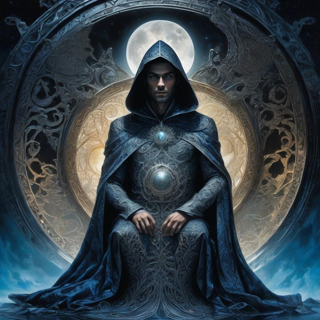  judge on the throne. black dungeon. a man in a cloak and hood. the man in the grotto. judge on the throne. black dungeon. moon. moonlight. big moon. silver rays. (portal: 1,5). portal room. (mirrors: 1.5). (mirror in wall: 1.5). mirror shows blue sky, field, sunlight. another world. double exposure. detailed, detailed drawing. stylistics: intricate zentangle patterns in the manner of karol bak, rahaf dk albab, andrew jones. bright colors. high quality and detail. hdr. masterpiece. double exposure.