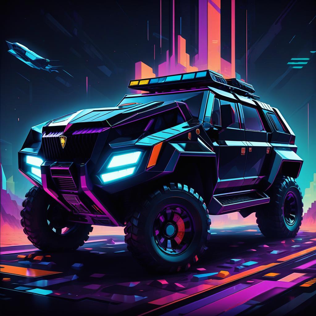  retro game art retro futuristic, black, brutal suv, reminiscent of the lamborghini lm 002 . 16 bit, vibrant colors, pixelated, nostalgic, charming, fun