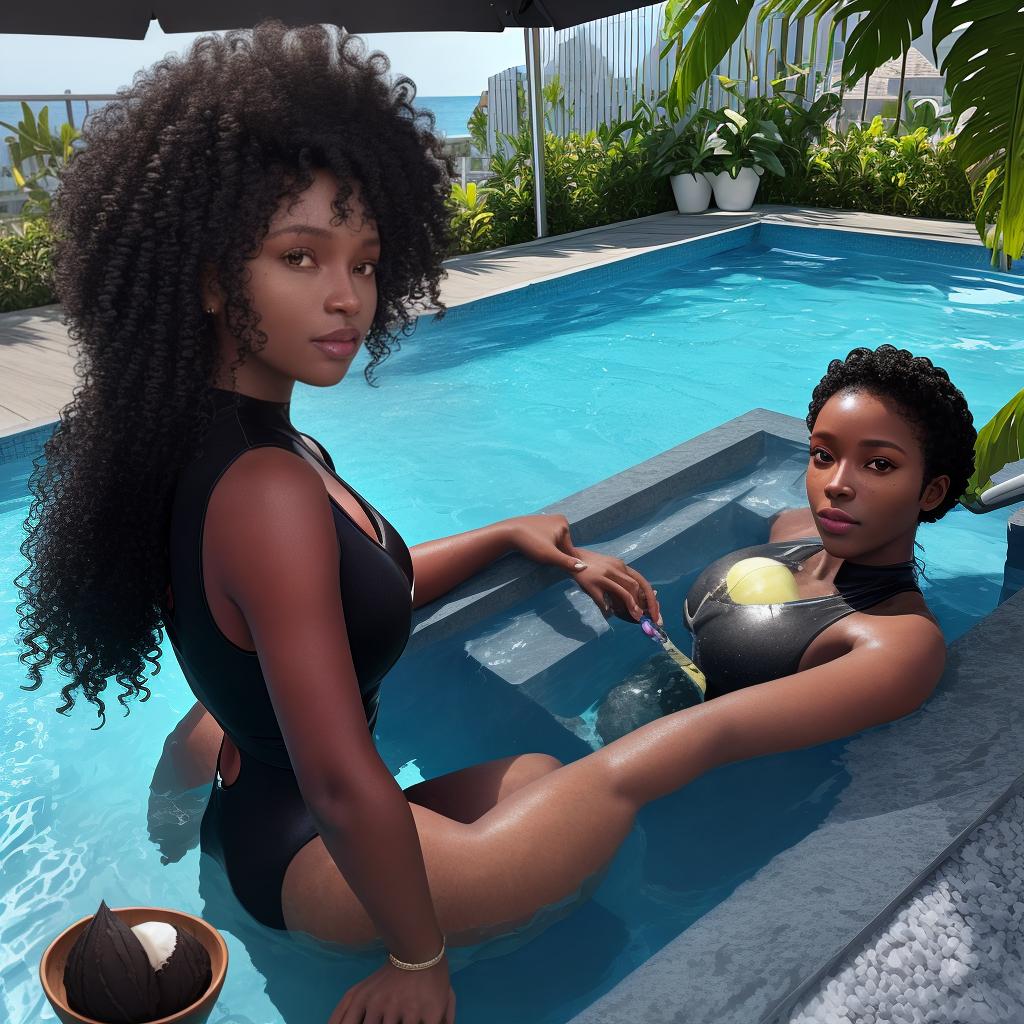  masterpiece, best quality, photo realistic, 8k high resolution, of black mediumskin woman of 34 years, with very curly hair, working in her home with swimming pool in backfont, and a plane ticket on the table for Bahamas, her black mediumskin mum and black dad swim in the pool, her brother of 29 years eats his coconut sorbet