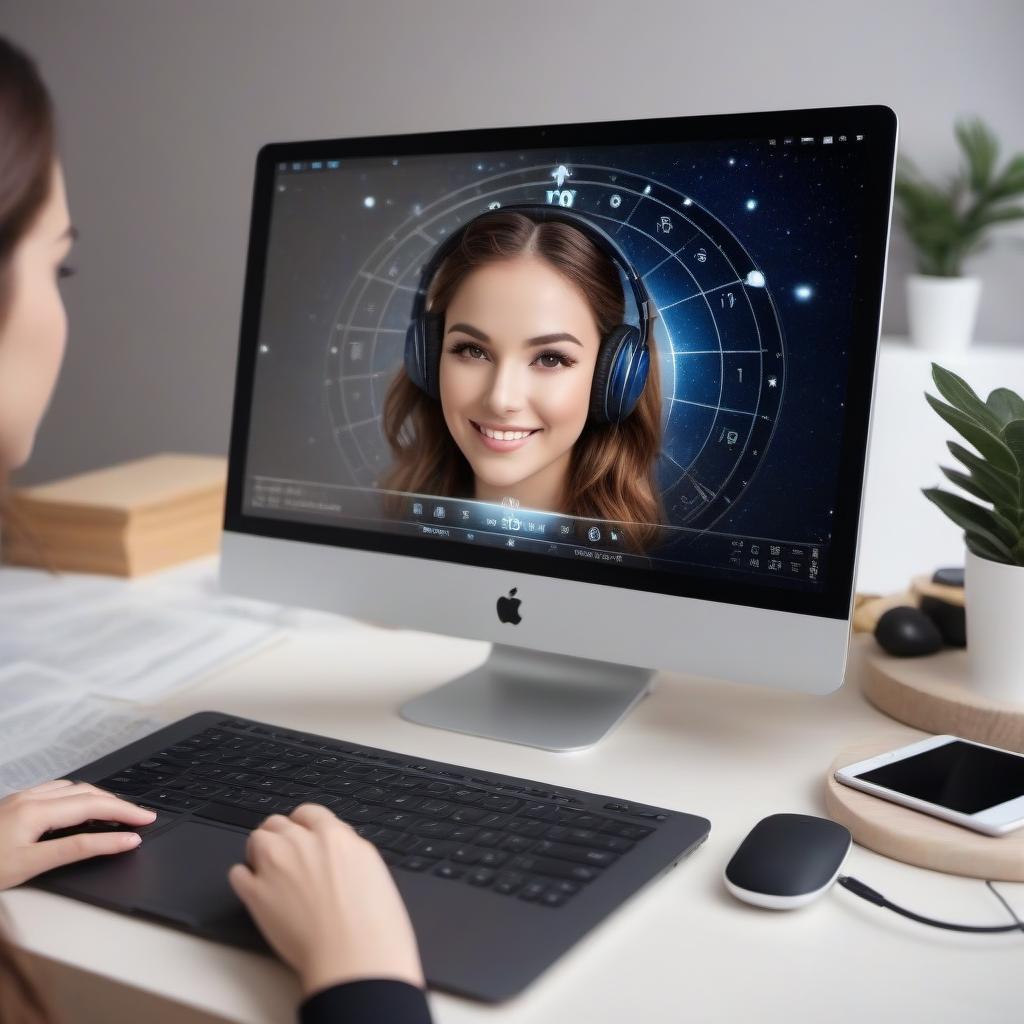  Astrology lesson online on a computer monitor. Negotiations via Skype. Headphones and microphone on the girl.The astrolabe. Joy.