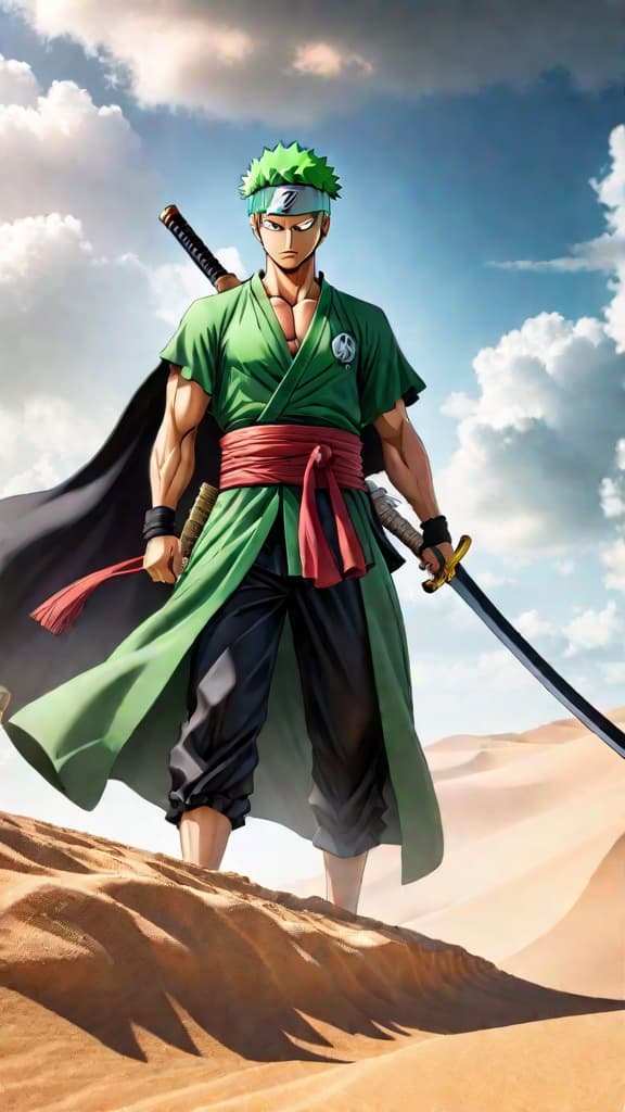  anime art: zoro from one piece lost in a desert during the alabasta arc, showcasing his sense of direction weakness. hyperrealistic, full body, detailed clothing, highly detailed, cinematic lighting, stunningly beautiful, intricate, sharp focus, f/1. 8, 85mm, (centered image composition), (professionally color graded), ((bright soft diffused light)), volumetric fog, trending on instagram, trending on tumblr, HDR 4K, 8K