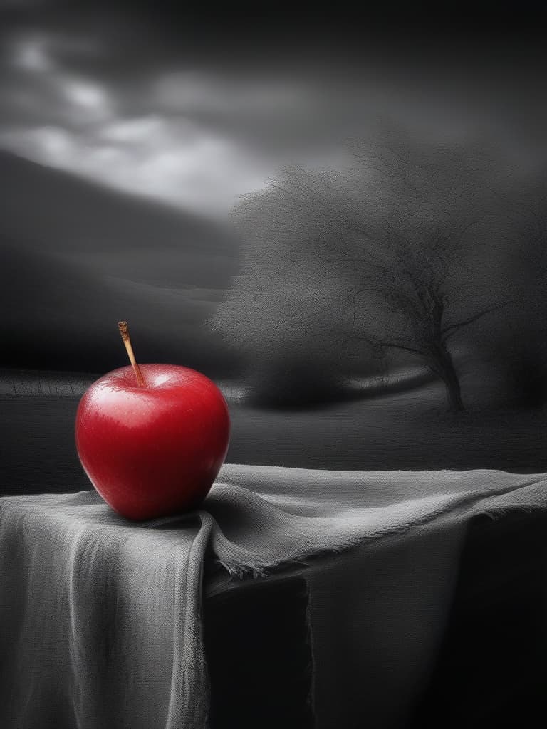  ((only the red apple is colored: 1.4)){{black and white:1.4,monochrome world: 1.4}}super detailed,8k,high resolution,absurd,employed,detailed,delicate composition,cinematic angle,bold composition,detailed depiction,((no people: 1.4)){{table,tablecloth,red apple on the table}}((black and white:1.4,monochrome photography,landscape photography)){only the red apple is colored: 1.4},best quality,masterpiece,wild nature oil painting