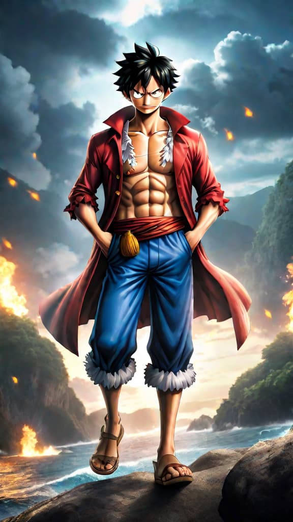  anime art of monkey d. luffy discovering the legendary one piece, reshaping the pirate era with freedom and revolution. hyperrealistic, full body, detailed clothing, highly detailed, cinematic lighting, stunningly beautiful, intricate, sharp focus, f/1. 8, 85mm, (centered image composition), (professionally color graded), ((bright soft diffused light)), volumetric fog, trending on instagram, trending on tumblr, HDR 4K, 8K