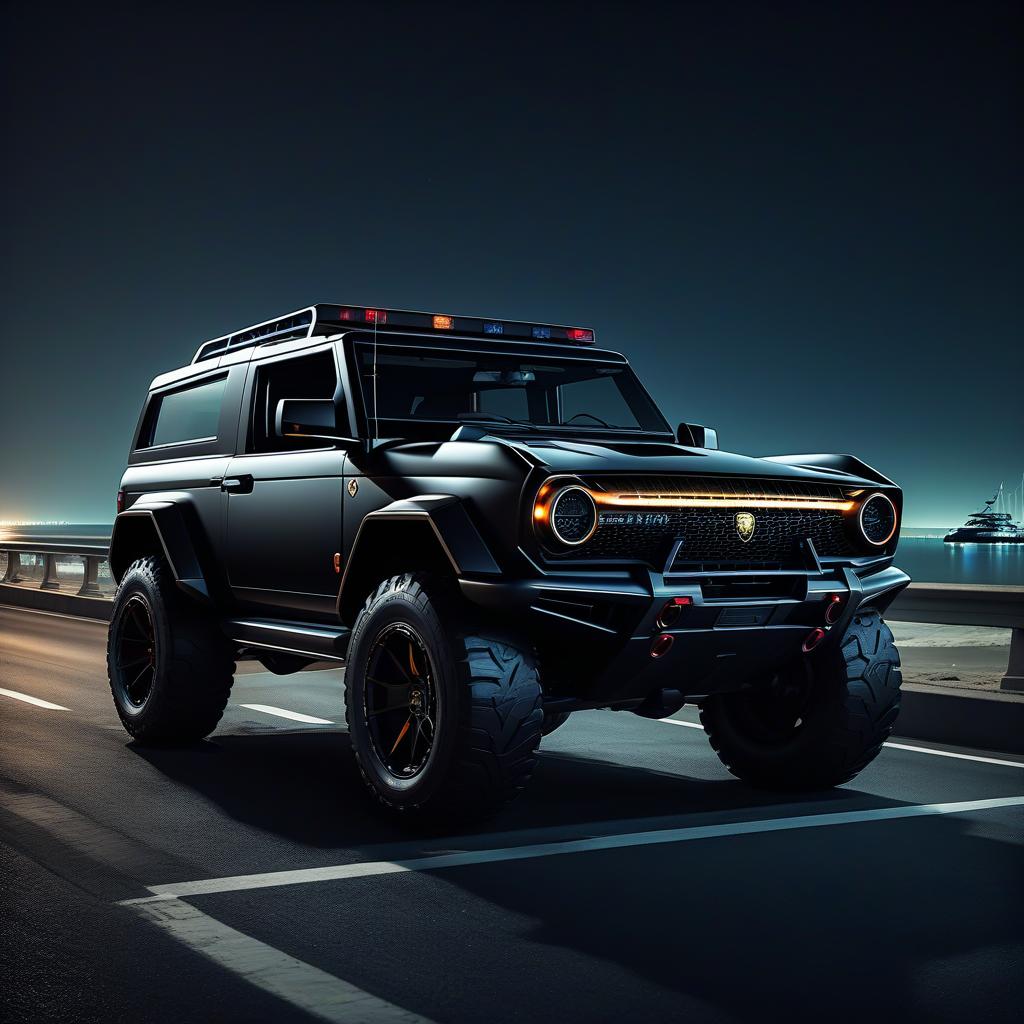  nautical themed black, brutal lamborghini ford bronco at night on the highway . sea, ocean, ships, maritime, beach, marine life, highly detailed